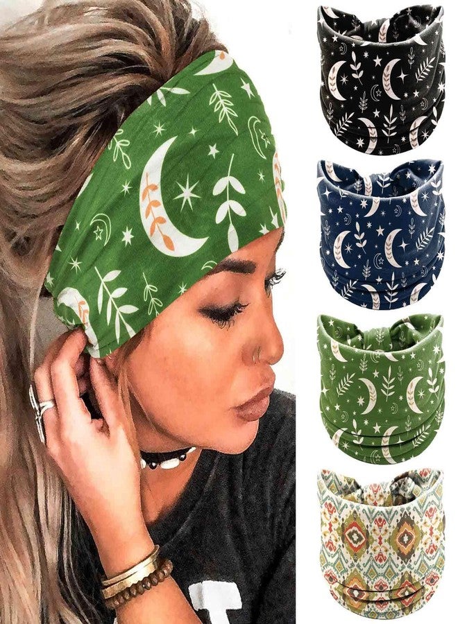 أولباي عصابات رأس أولبي العريضة بنمط بوهو، أغطية رأس مطاطية مزينة بالزهور، عصابات رأس على شكل فراشة أفريقية، عصابة رأس باندانا معقودة، عمامة يوغا، أوشحة رأس، إكسسوارات شعر للتمارين الرياضية للنساء، 4 قطع (قمر، 9.4 * 5.9 بوصة) - Image 1